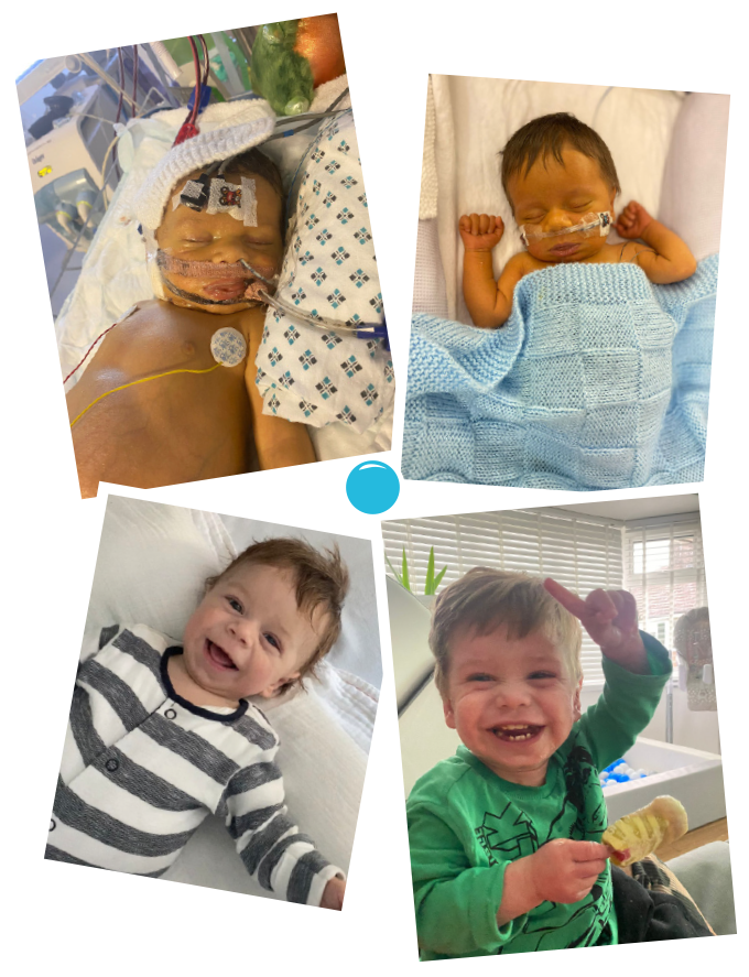 Tommy's Journey photo collage showing Tommy from hospital care through recovery